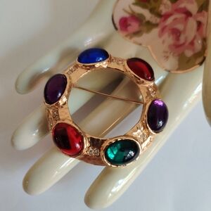 Vintage Multicolored Glass Cabochons Brooch 80s